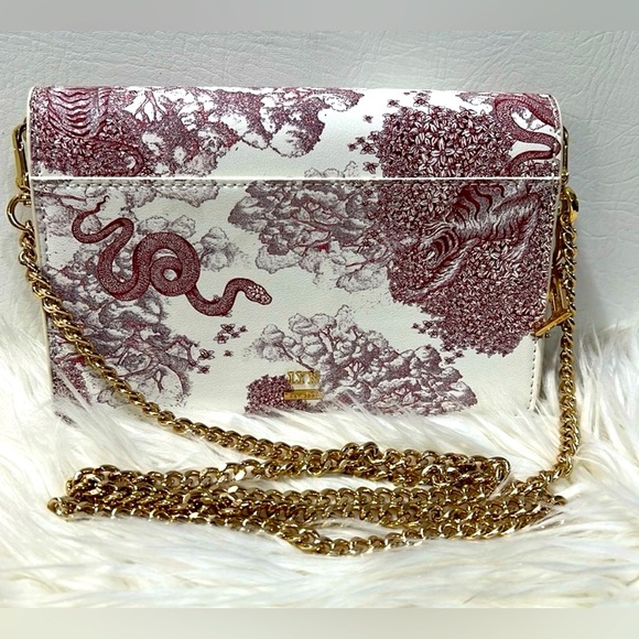 LYN Handbags - LYN Burgundy White Toile Flap Front Crossbody Bag w/ Gold tone Chain